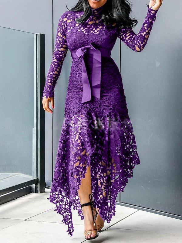 Women's Dresses Lace Hollow Long Sleeve Stand Collar Irregular Dress