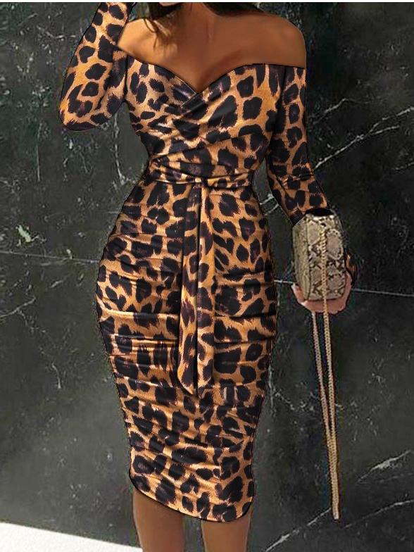 Women's Dresses Leopard Boat Neck Long Sleeve Skinny Dress