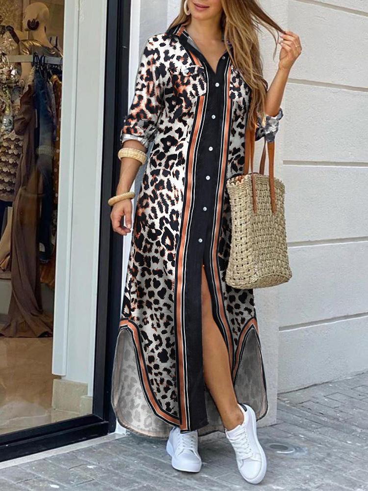Women's Dresses Leopard Print Long Sleeve Shirt Dress