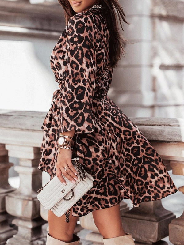Women's Dresses Leopard Print V-Neck Long Sleeve Mini Dress