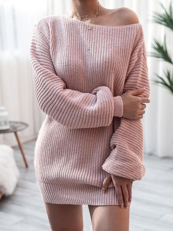Women's Dresses Long Sleeve One-Neck Loose Knit Sweater Dress