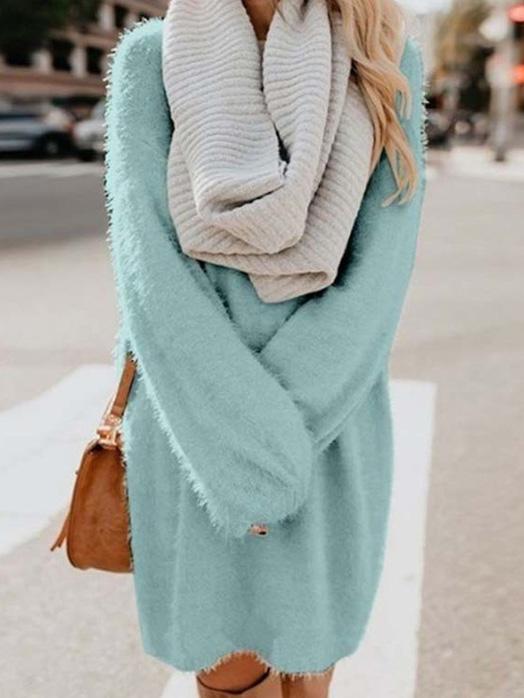 Women's Dresses Loose Plush Long Sleeve Sweater Midi Dress