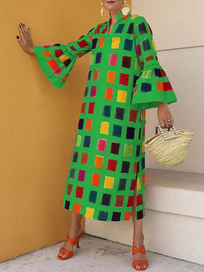 Women's Dresses Multicolor Plaid Flared Long Sleeve Dress