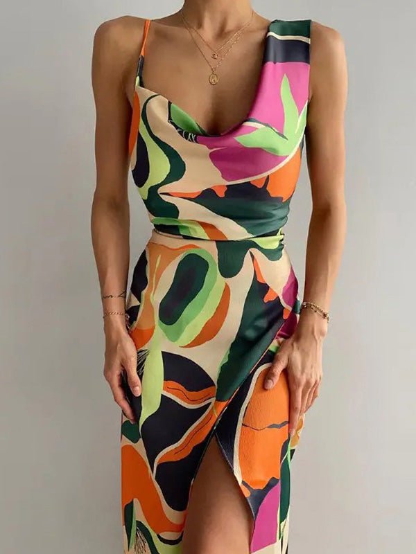 Women's Dresses Multicolor Printed U-Neck Slit Dress