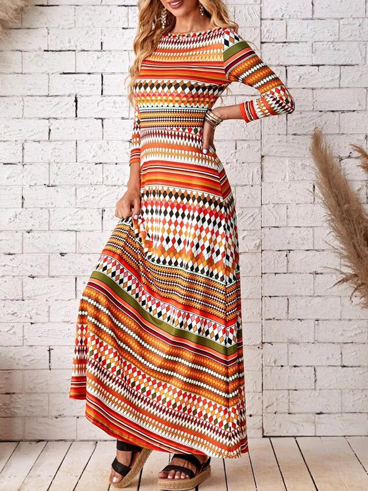 Women's Dresses Multicolor Striped Crewneck Long Sleeve Dress