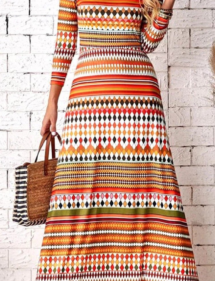 Women's Dresses Multicolor Striped Crewneck Long Sleeve Dress