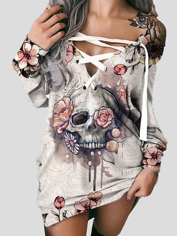 Women's Dresses Off-The-Shoulder Printed Skull Long Sleeve Casual Dress