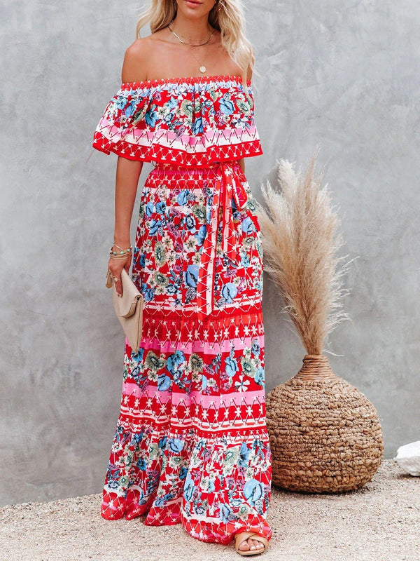 Women's Dresses One-Shoulder Print Lace-Up Swing Dress