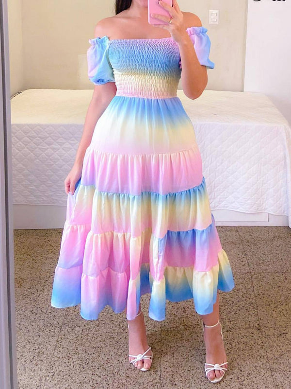 Women's Dresses One-Shoulder Rainbow Striped Short Sleeve Dress