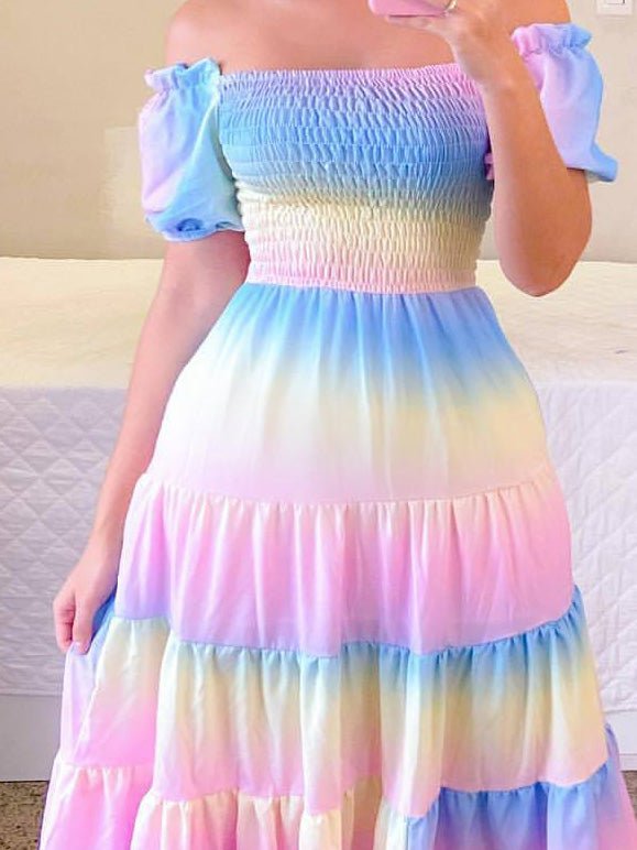 Women's Dresses One-Shoulder Rainbow Striped Short Sleeve Dress