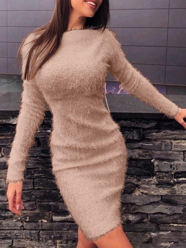 Women's Dresses Plush Long Sleeve Skinny Mini Dress