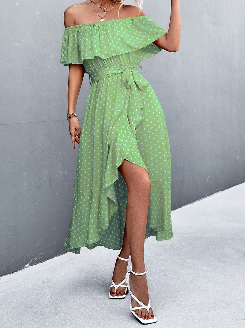 Women's Dresses Polka Dot Off-Shoulder Irregular Ruffle Slit Dress
