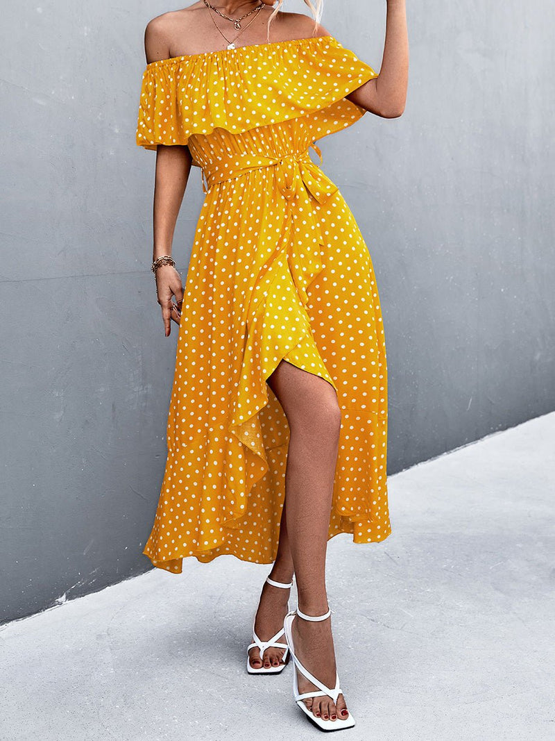 Women's Dresses Polka Dot Off-Shoulder Irregular Ruffle Slit Dress