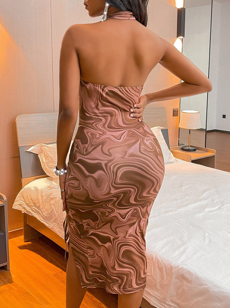 Women's Dresses Print Halter Drawstring Slit Bare Back Dress