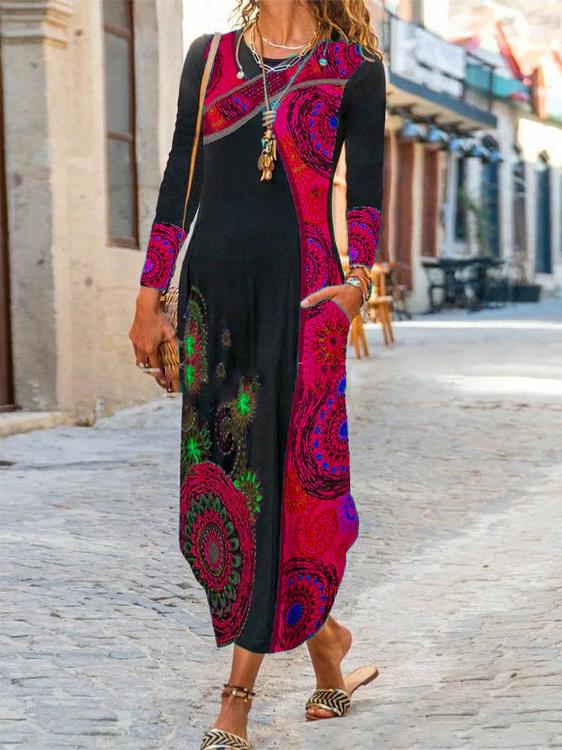 Women's Dresses Printed Pocket Long Sleeve Maxi Dress