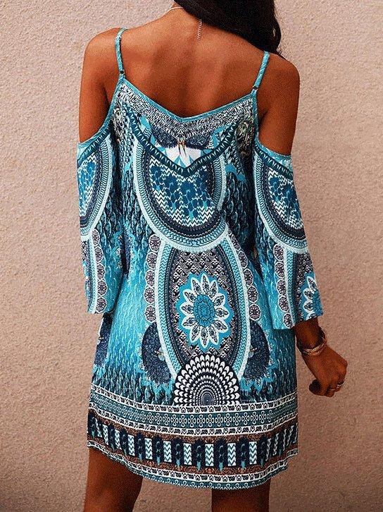 Women's Dresses Printed Round Neck Hollow Off-The-Shoulder Strap Dress