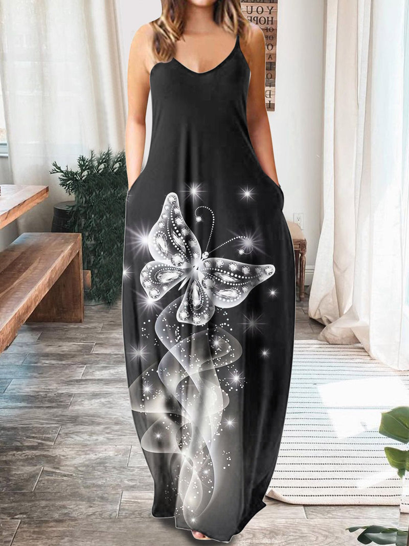 Women's Dresses Printed V-Neck Sling Pocket Sleeveless Dress