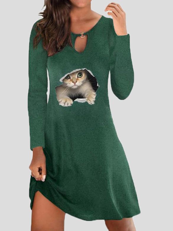 Women's Dresses Pullover Cat Print Hollow Long Sleeve Dress