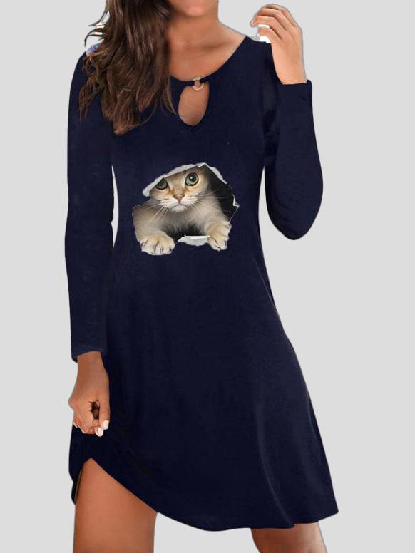 Women's Dresses Pullover Cat Print Hollow Long Sleeve Dress