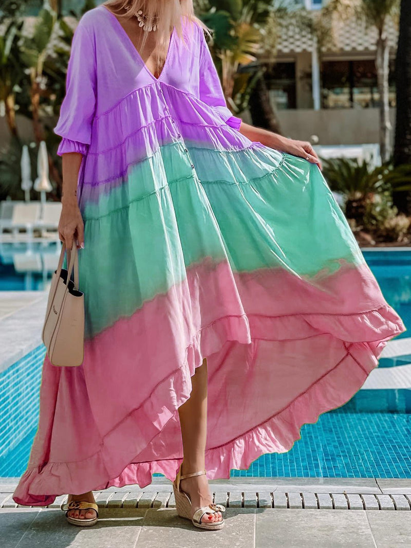 Women's Dresses Rainbow Print V-Neck Ruffle Dress