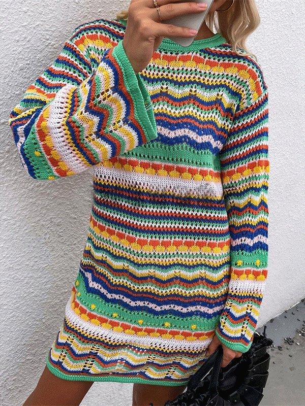 Women's Dresses Rainbow Striped Round Neck Long Sleeve Sweater Dress