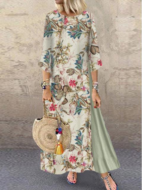 Women's Dresses Retro Floral Round Neck Stitching Long Sleeve Dress