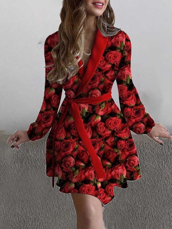 Women's Dresses Rose Flower Print Lapel Long Sleeve Dress