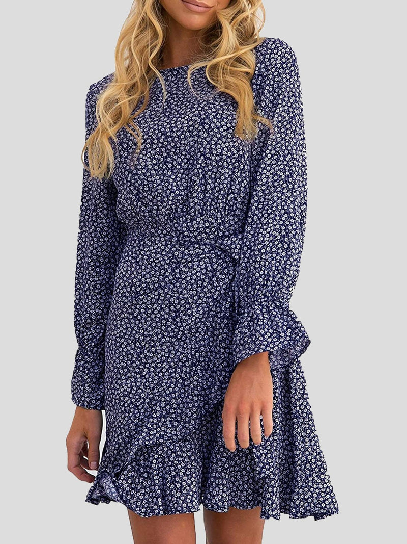 Women's Dresses Round Neck Floral Belted Long Sleeve Dress