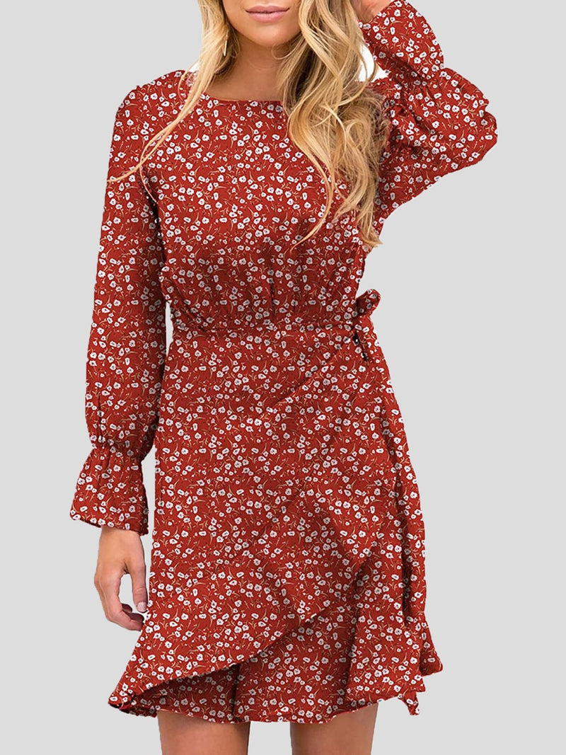 Women's Dresses Round Neck Floral Belted Long Sleeve Dress