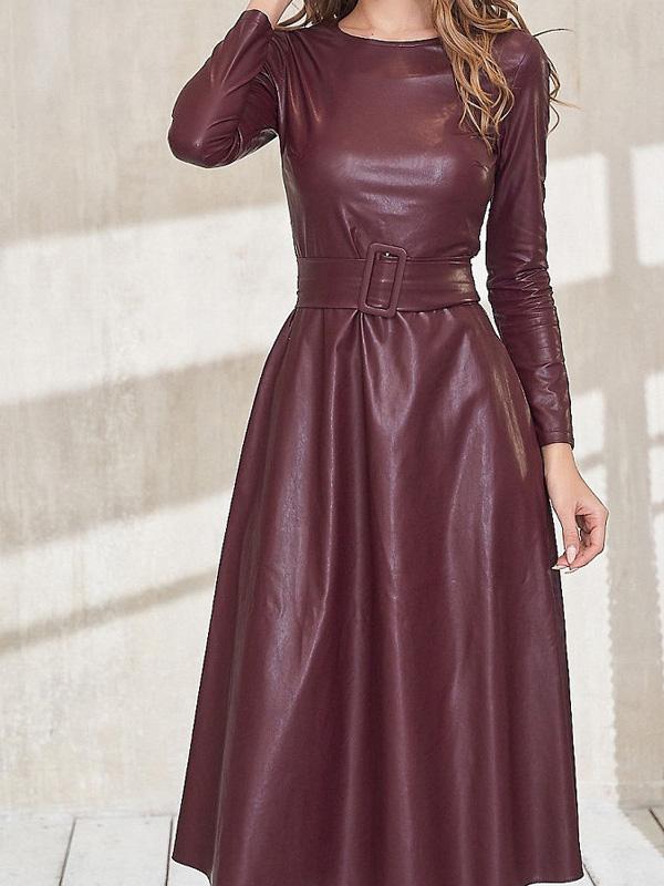 Women's Dresses Simple Round Neck Belt Long Sleeve PU Leather Dress
