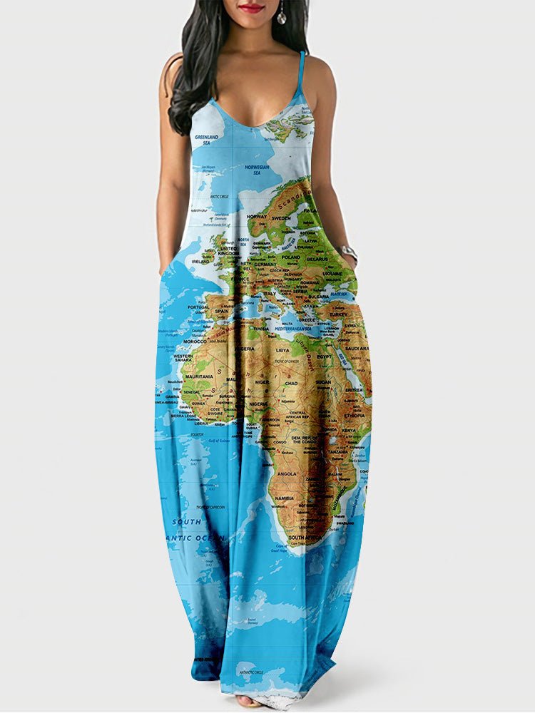 Women's Dresses Sling Map Print Pocket Dress