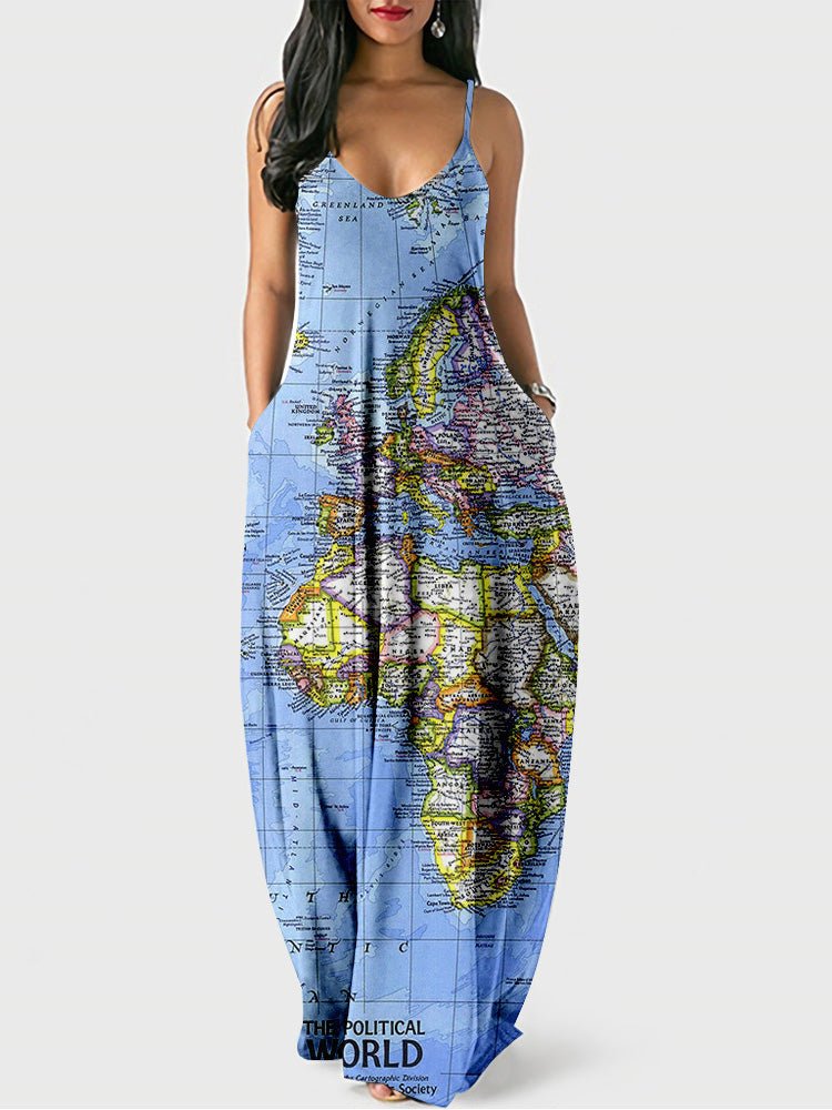 Women's Dresses Sling Map Print Pocket Dress