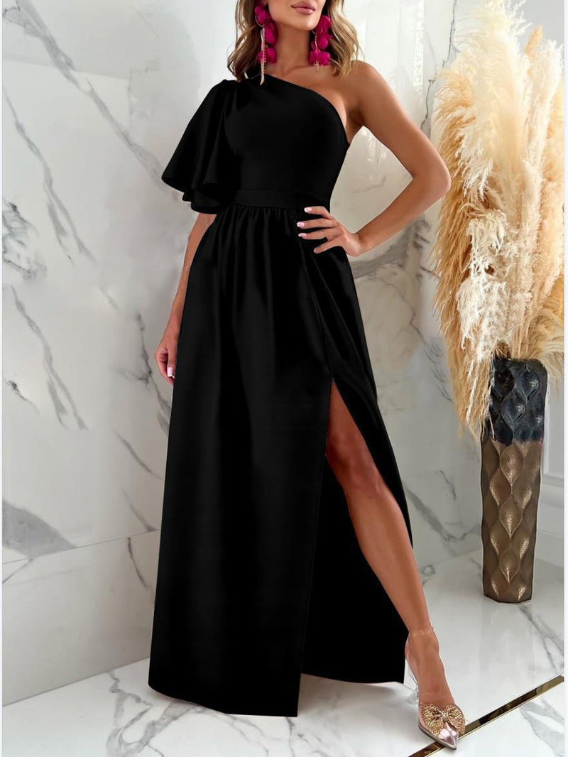 Women's Dresses Solid Sloping Shoulder Slit Dress