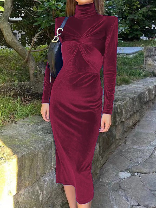 Women's Dresses Solid Turtleneck Velvet Long Sleeve Dress