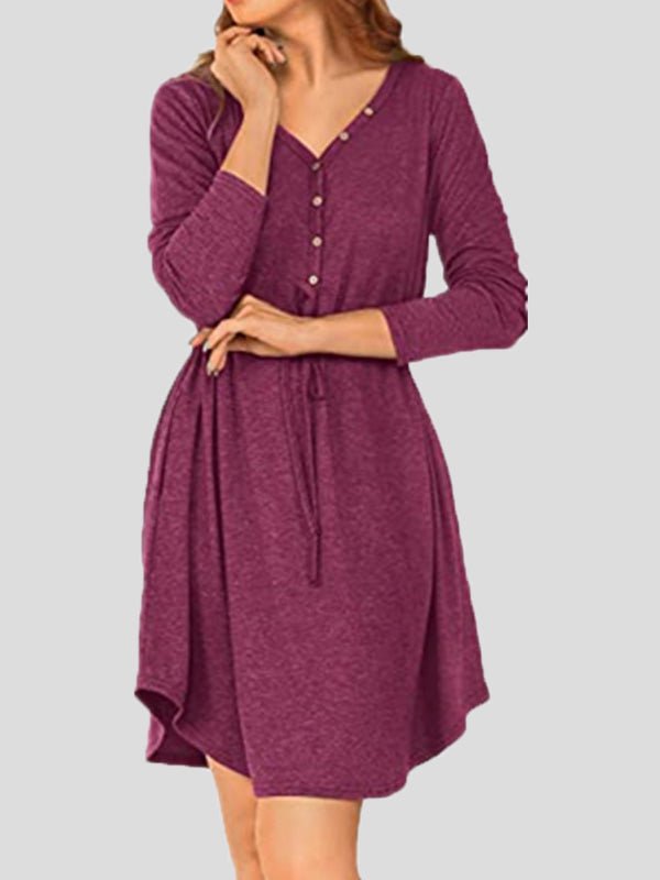 Women's Dresses Solid V-Neck Button Belt Long Sleeve Dress