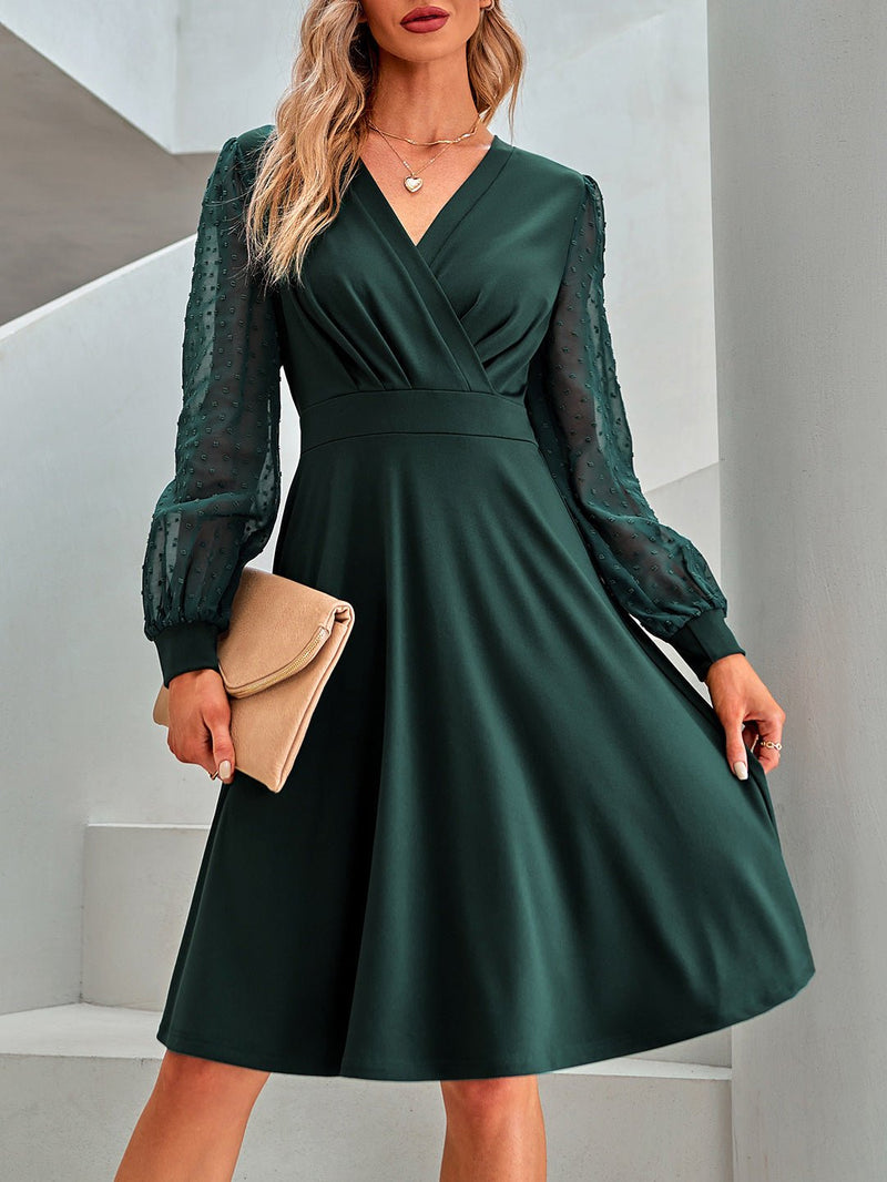 Women's Dresses Solid V-Neck Jacquard Long Sleeve Dress