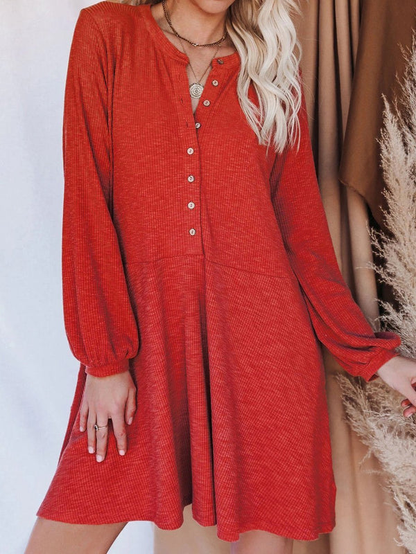 Women's Dresses Solid V-Neck Long Sleeve Button Casual Dress