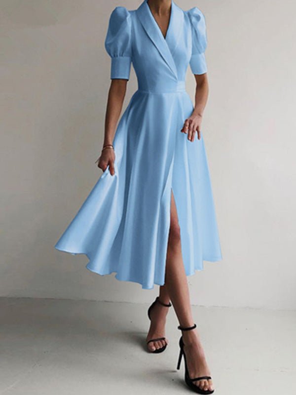 Women's Dresses Solid V-Neck Short Sleeve Slit Dress