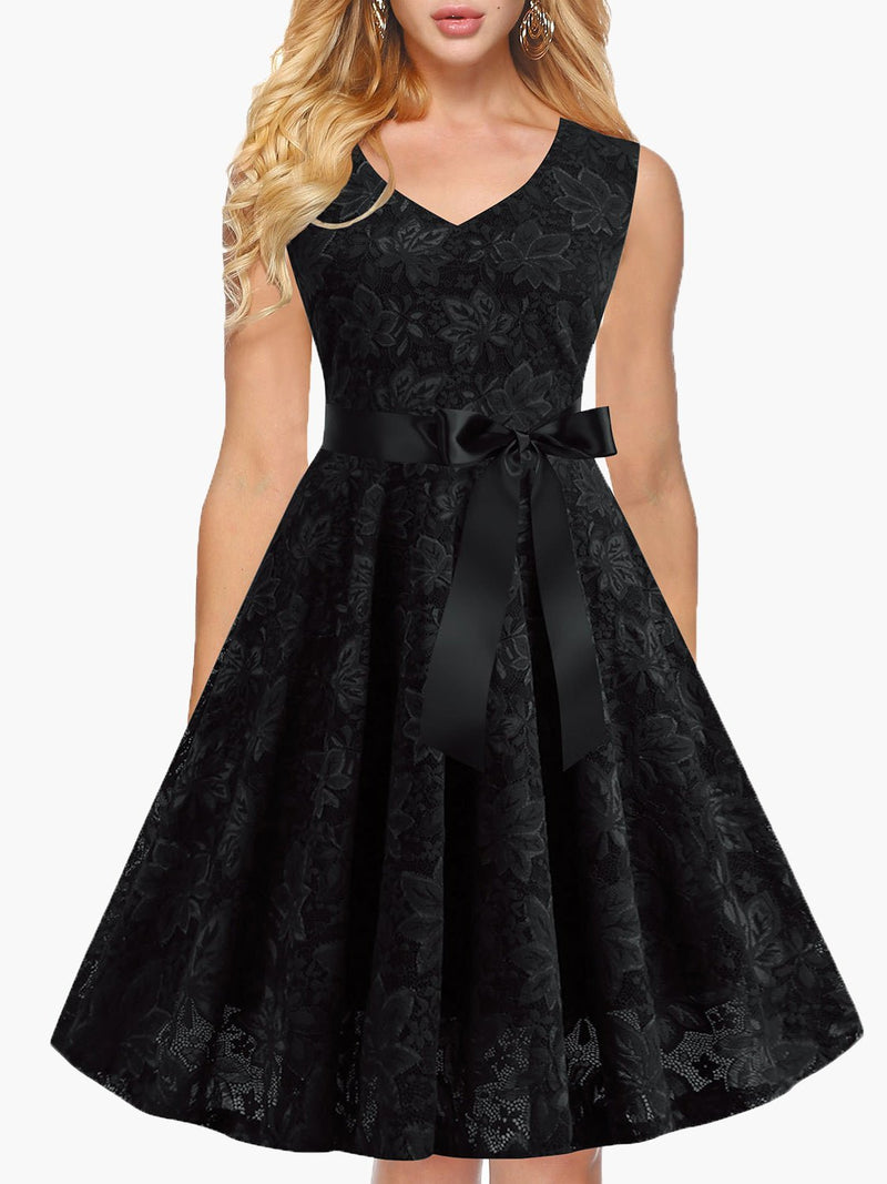 Women's Dresses Solid V-Neck Vintage Lace Sleeveless Dress