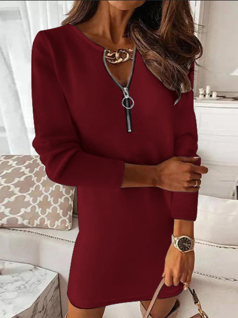 Women's Dresses Solid V-Neck Zip Long Sleeve Dress