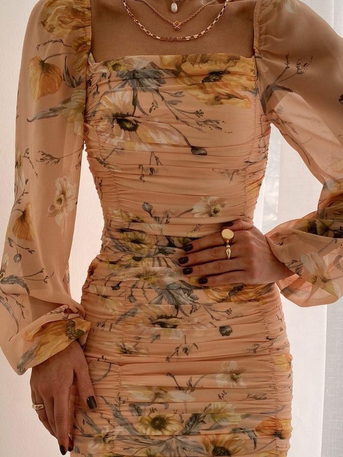 Women's Dresses Square Neck Puff Sleeve Pleated Skinny Chiffon Print Dress