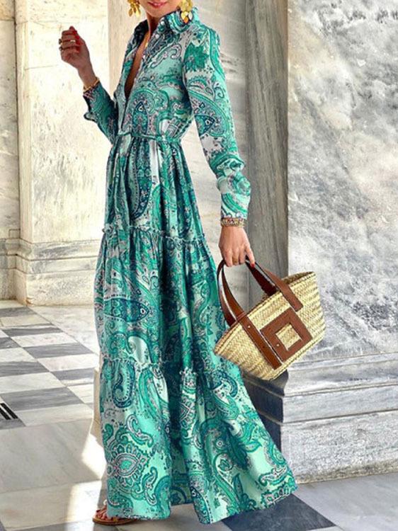 Women's Dresses Stand-Up Collar Button Long Sleeve Temperament Dress