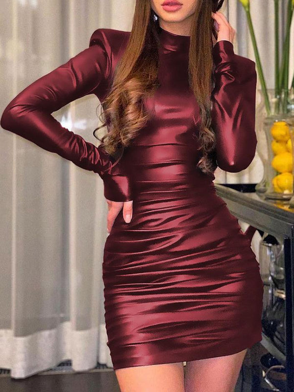 Women's Dresses Stand-Up Collar Long Sleeve Skinny Leather Dress