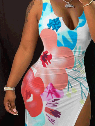 Women's Dresses Suspender Print Sleeveless Slit Dress