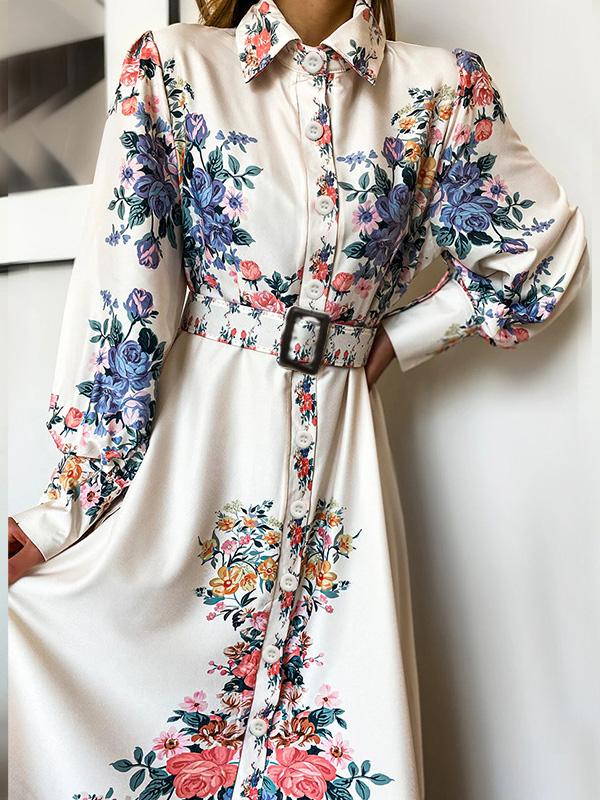 Women's Dresses Temperament Floral Print Long Sleeve Shirt Dress