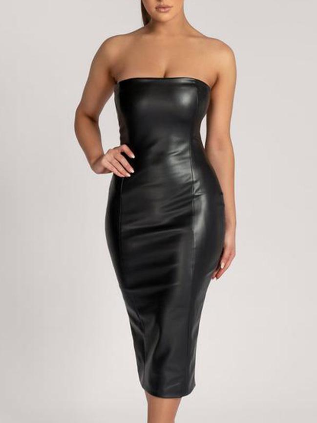 Women's Dresses Tube Top Slim Back Split PU Leather Dress