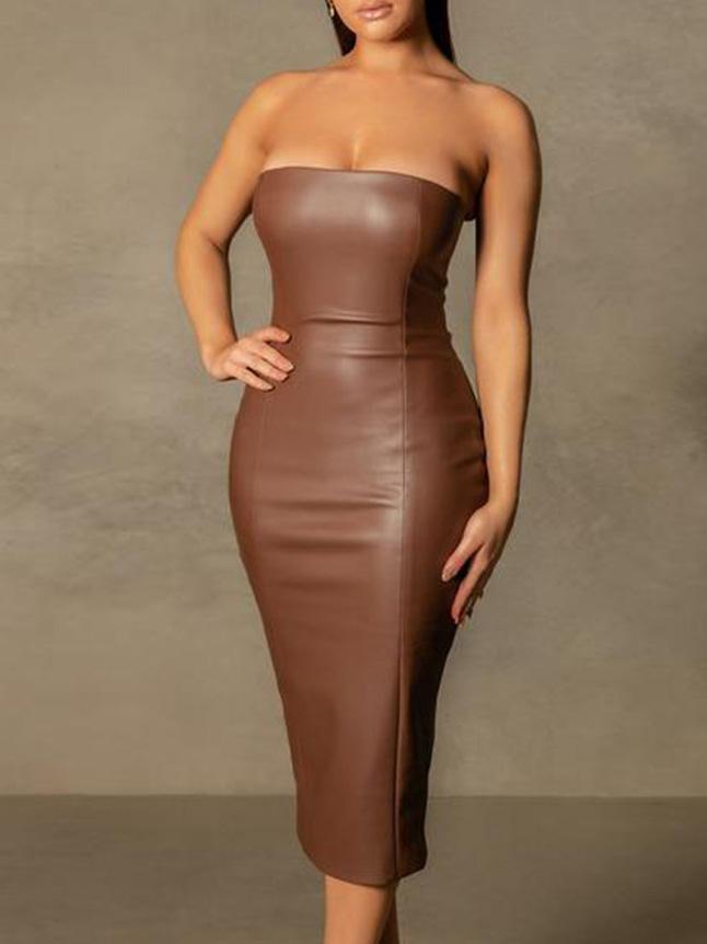 Women's Dresses Tube Top Slim Back Split PU Leather Dress