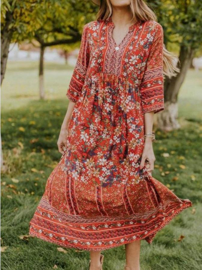Women's Dresses V-Neck Bohemian Mid-Sleeve Floral Dress