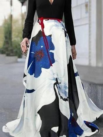 Women's Dresses V-Neck Floral Long Sleeve Maxi Dress