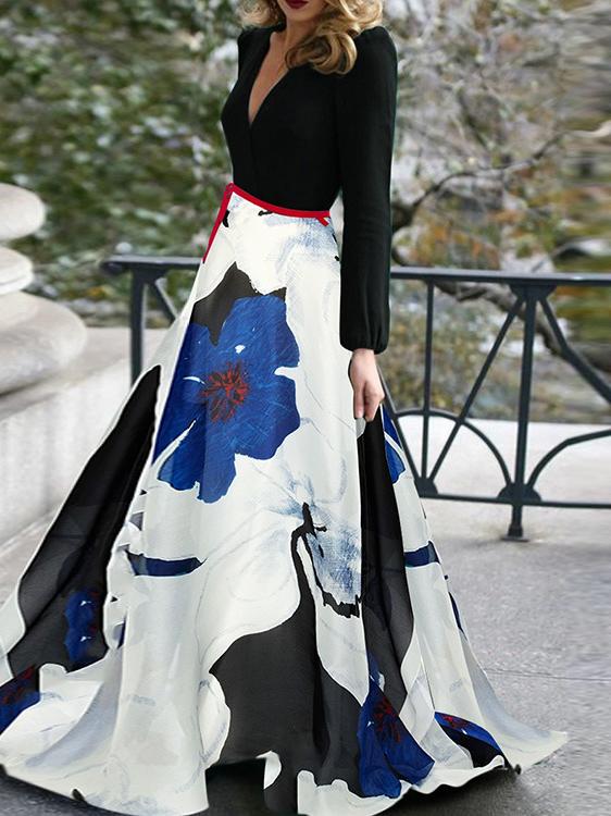 Women's Dresses V-Neck Floral Long Sleeve Maxi Dress